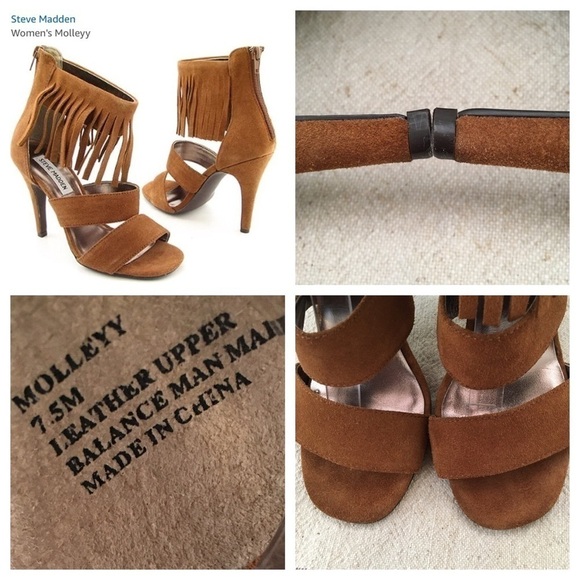 Steve Madden Tan Suede Fringe Ankle Heeled Sandals - Picture 7 of 8